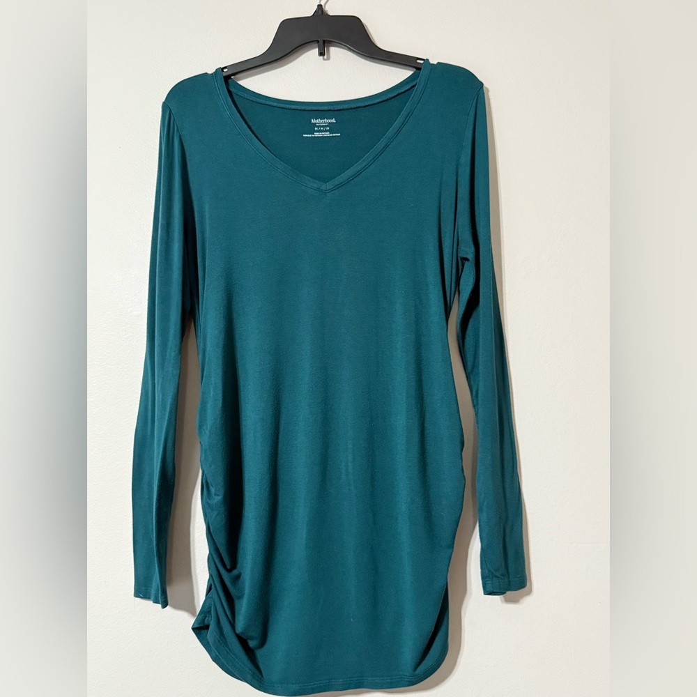 Ruched Side Motherhood Maternity Teal Rayon Blend V-Neck Long Sleeve Top Size M